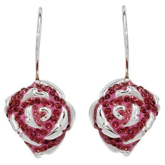 DESIGNER ROMANTIC ROSE PURPLE CRYSTALS SOLID .925 SILVER DANGLE EARRINGS**NEW! - Picture 1 of 5